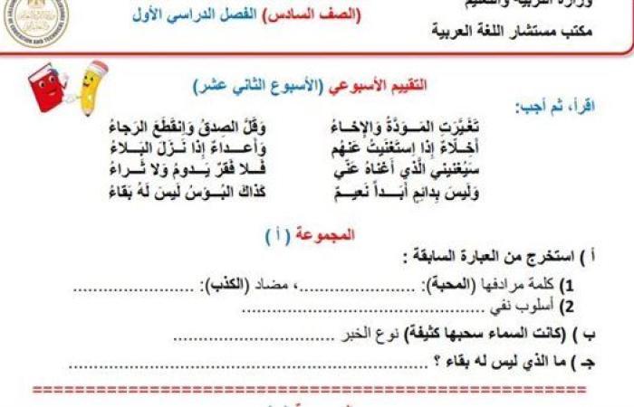 مراجعات نهائية.. أسئلة تقييم الاسبوع الـ 12 في اللغة العربية الصف السادس الابتدائي