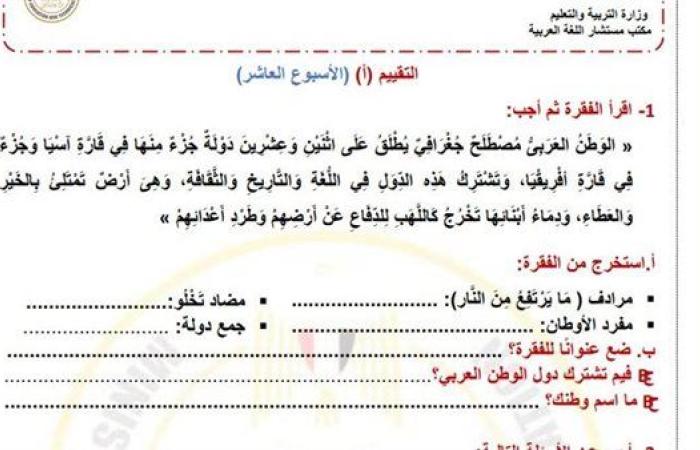 مراجعات نهائية.. أسئلة تقييم الأسبوع العاشر في اللغة العربية الصف الرابع الابتدائي