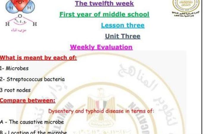 مراجعات نهائية.. أسئلة تقييم الأسبوع الـ 12 العلوم Science لـ الصف الأول الإعدادي