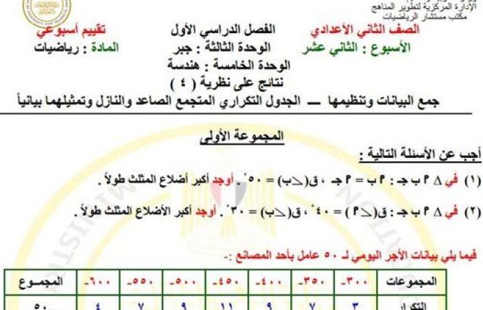 مراجعات نهائية.. أسئلة تقييم الأسبوع الـ 12 الرياضيات لـ الصف الثاني الإعدادي