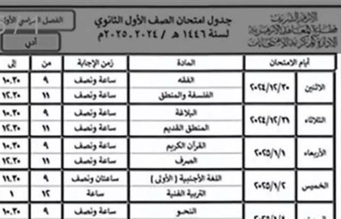 جداول امتحانات نصف العام للنقل الإعدادي والثانوي بالمعاهد الأزهريّة