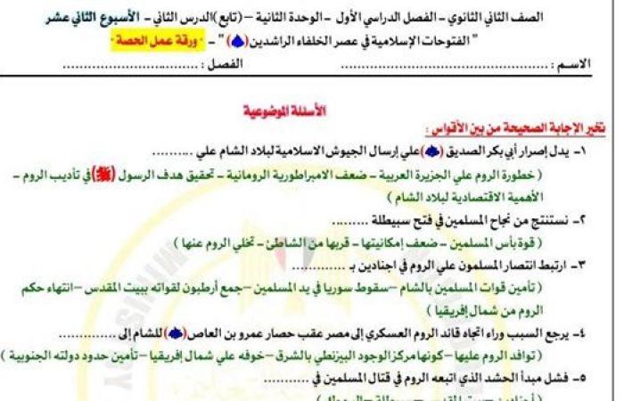 مراجعات نهائية.. أسئلة تقييم الأسبوع الـ 12 التاريخ الصف الثاني الثانوي