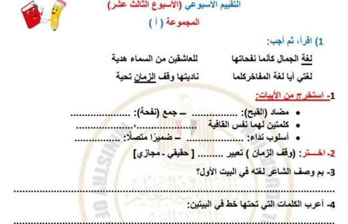 مراجعات نهائية.. أسئلة تقييم الاسبوع الـ 13 في اللغة العربية الصف الخامس الابتدائي