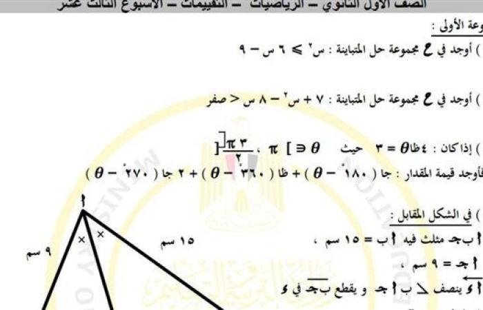 مراجعات نهائية.. أسئلة تقييم الأسبوع الـ 13 الرياضيات الصف الأول الثانوي