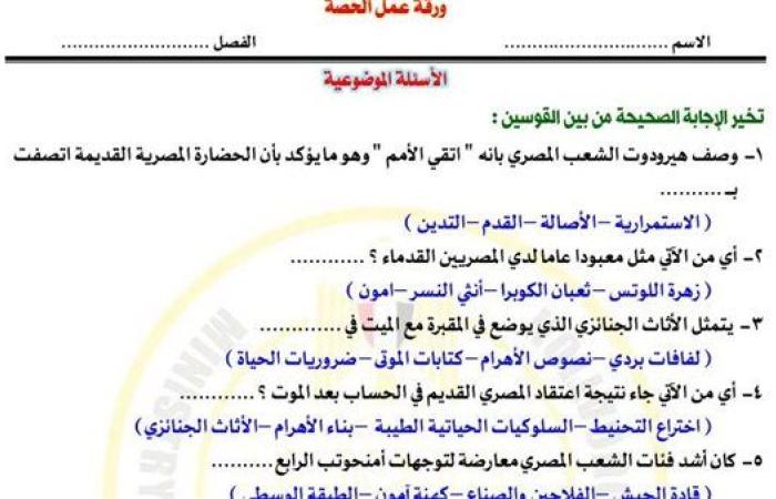 مراجعات نهائية.. أسئلة تقييم الأسبوع الـ 13 التاريخ الصف الأول الثانوي