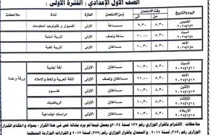 ننشر جداول امتحانات الفصل الدراسي الأول للعام الدراسي 2024 / 2025