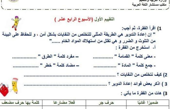 مراجعات نهائية.. لطلاب الصف الثالث الابتدائي.. أسئلة تقييم الاسبوع الـ 14 في اللغة العربية